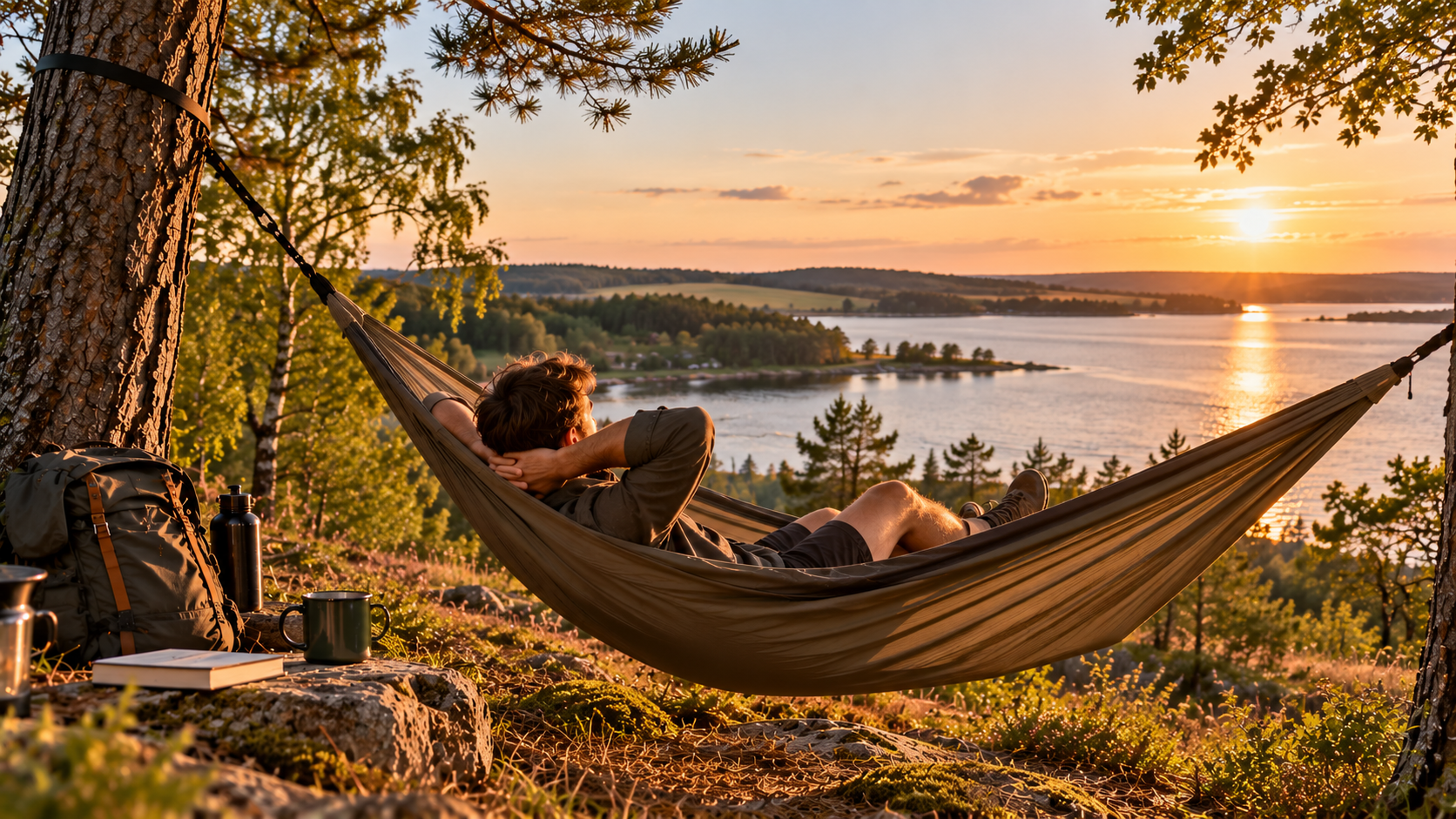 Hængekøje mellem træerne ved en stille sø på en campingtur i den danske natur